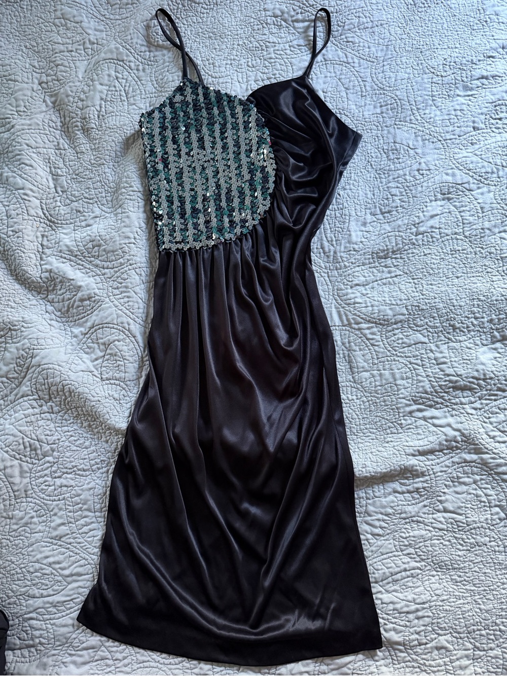 Vintage Lerner satin and sequin spaghetti strap.  Old money vintage charm